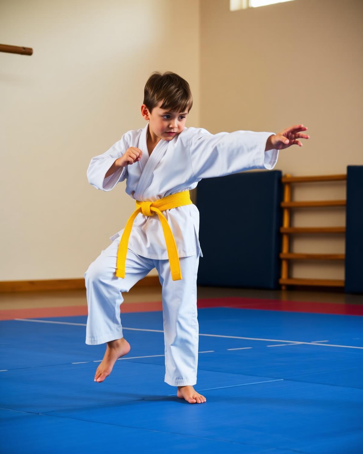 Young student practicing a kick in kids martial arts class in Fort Wayne